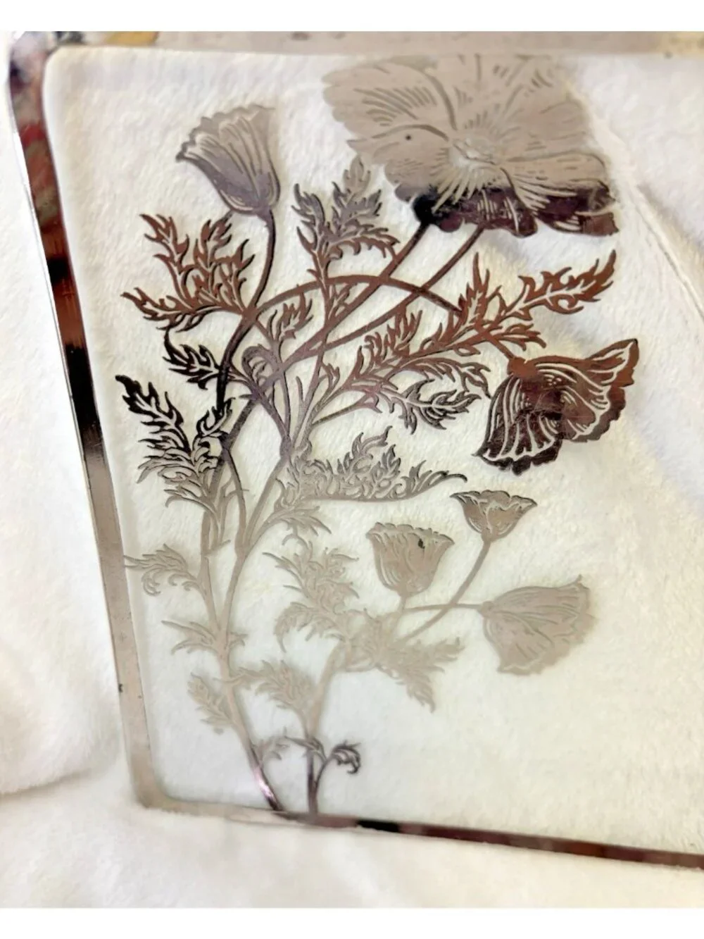 VTG MCM 1950's Silver City Floral Poppy Glass Overlay Platter Horderves Tray